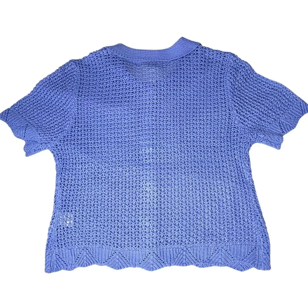 No Comment Crochet Top Blue Spread Collar Womens Med Button Up Knit Cardigan New